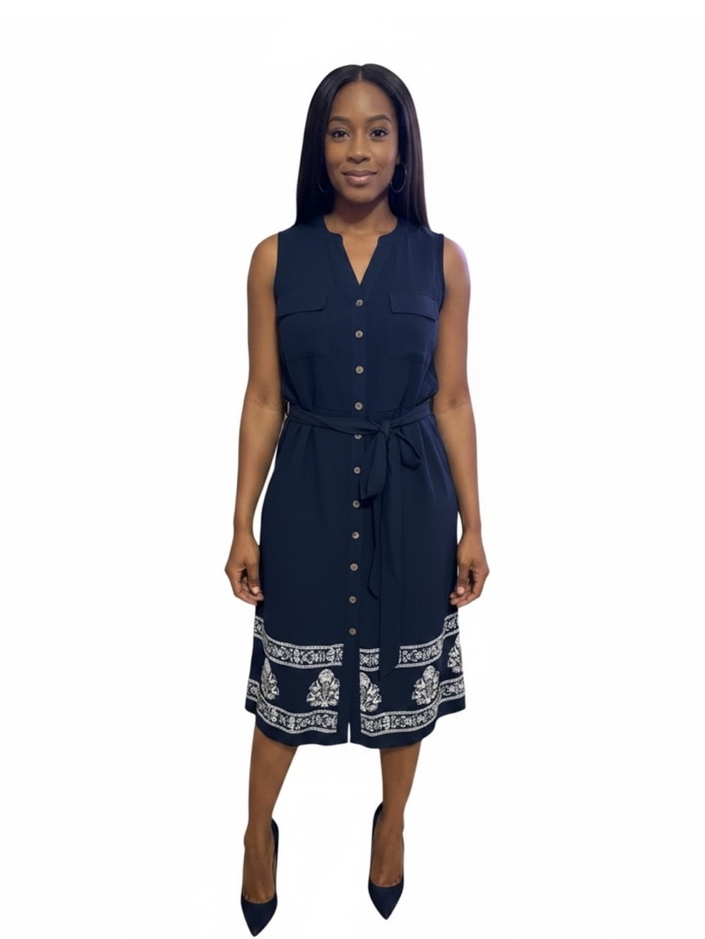 Sleeveless Navy Blue Floral Print Tie-Waist Midi Dress